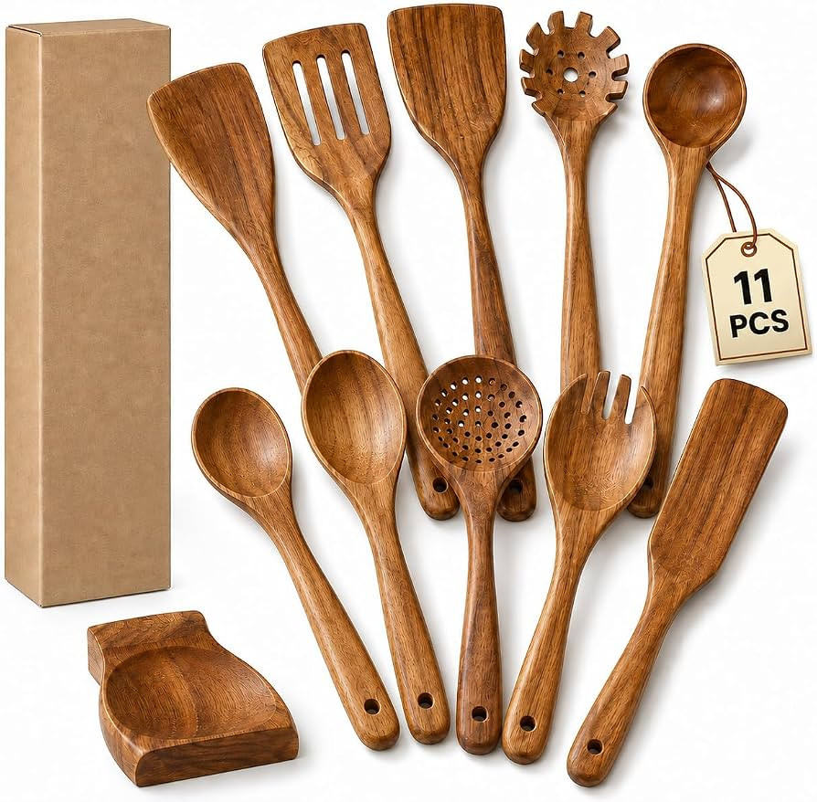 Wooden Spoons for Cooking, 11-Piece Teak Wood Kitchen Utensil Set with Spoon Rest, Spatulas & Ser... | Amazon (US)