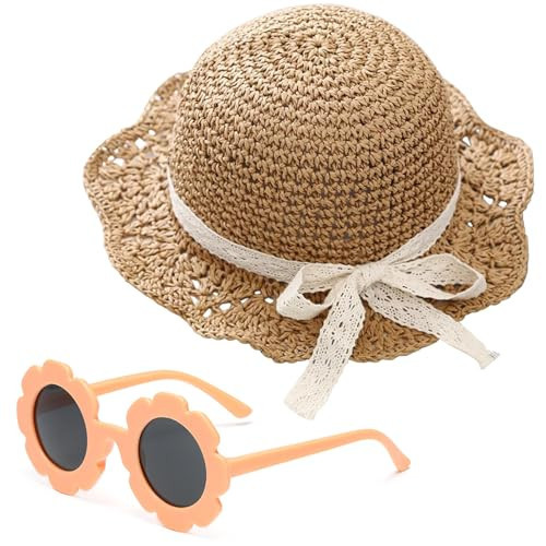 Girls Straw Hat with Flower Round Sunglasses, Summer Foldable Large Brim Sunflower Bowknot Beach Toddler Straw Sun Hat, 2-6T | Amazon (US)
