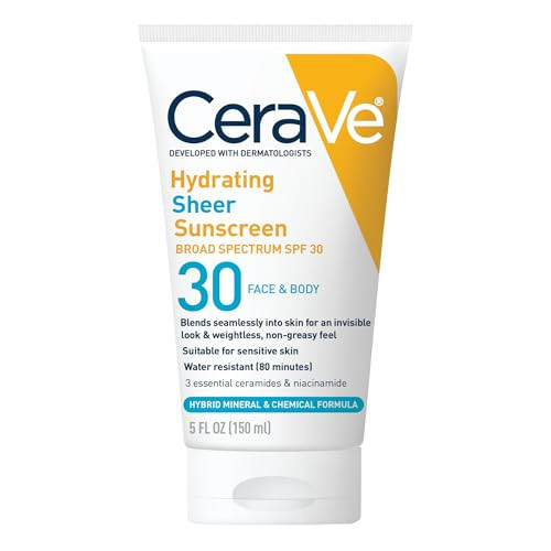 CeraVe Hydrating Sheer Sunscreen with SPF 30 for Face and Body, Mineral & Chemical Sunscreen for Men & Women with Zinc Oxide, Hyaluronic Acid and Ceramides, Paraben-Free + Fragrance-Free, 5 Ounces | Amazon (US)