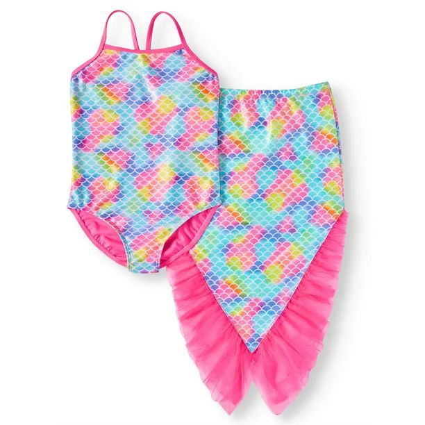 Wonder Nation Girls 4-18 & Plus Mermaid One-Piece Swimsuit and Mermaid Tail Cover-up, 2-Piece Set | Walmart (US)