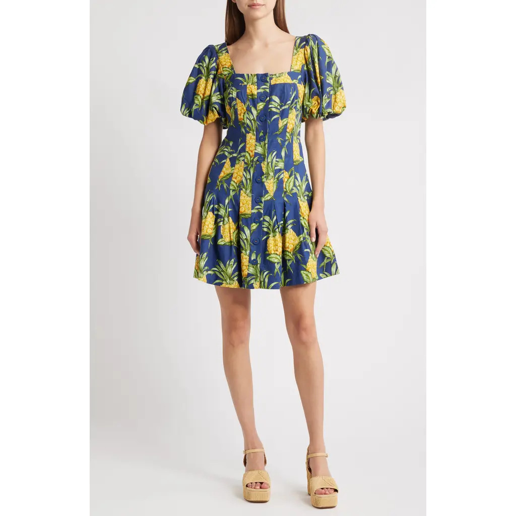 FARM Rio Pineapple Print Linen Blend Minidress in Navy at Nordstrom Rack, Size Xx-Small | Nordstrom Rack