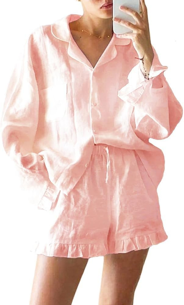 Women Ruffle 2 Piece Sets Long Sleeve Button Down Shirt and Shorts Pajamas Sets | Amazon (US)