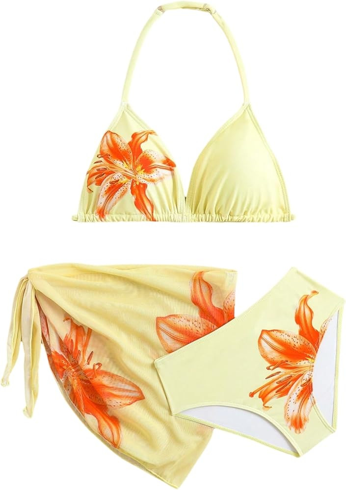 Girl's 3 Piece Swimsuits Floral High Waisted Bikini Bathing Suit with Mesh Coverups Skirt | Amazon (US)