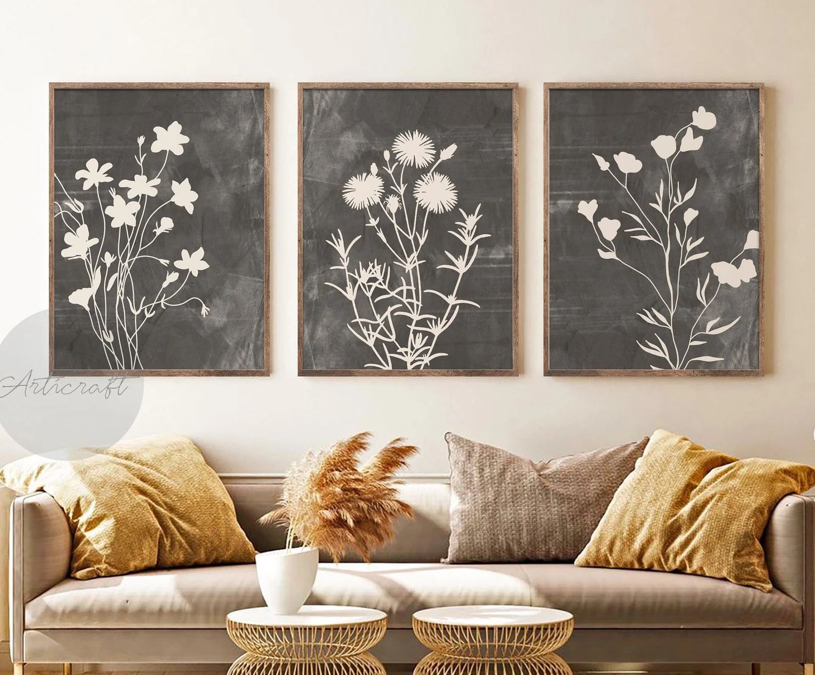 Abstract Botanical Art Set of 3 Prints, Boho Gray Beige Gallery Wall Art, Farmhouse Wall Decor, W... | Etsy (US)