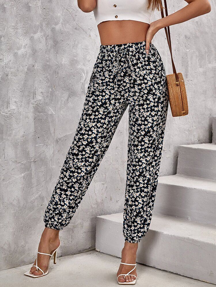 SHEIN Ditsy Floral Knot Front Pants | SHEIN