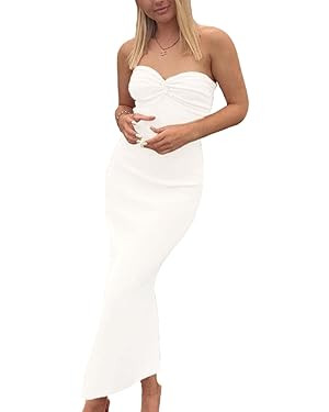 WFHFNJW Women Sexy Twist Knot Front Ribbed Knit Bodycon Bandeau Tube Dress Casual Solid Strapless... | Amazon (US)