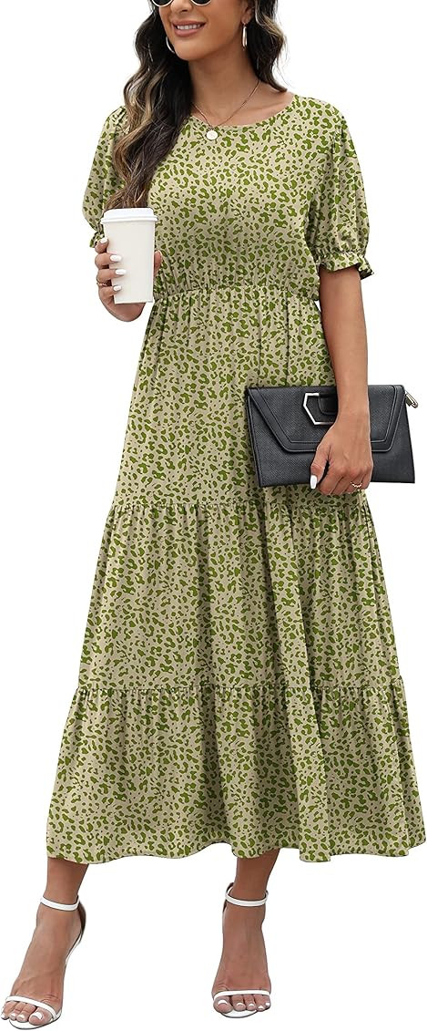 GRECERELLE Women's Summer Casual Loose Crewneck Boho Dress Ruffle Puff Sleeve High Waist Midi Beach  | Amazon (US)