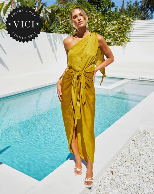 Farah Front Tie One Shoulder Midi Dress - Chartreuse | VICI