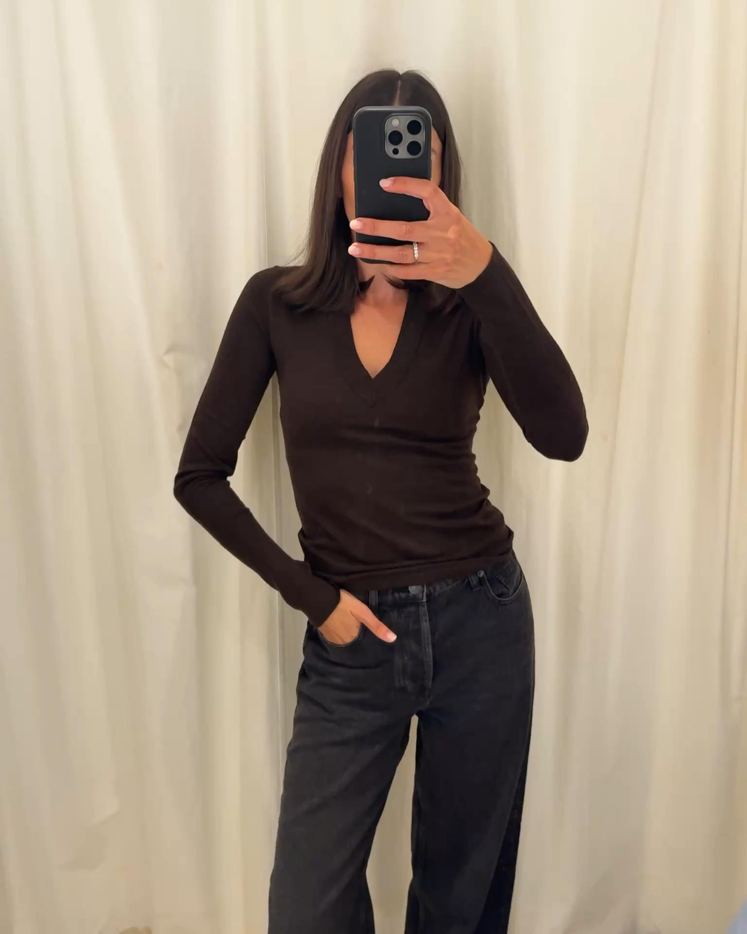 Henne Valentina’s with the Aveline top in espresso! Jeans are size 26 and top is size 6 x