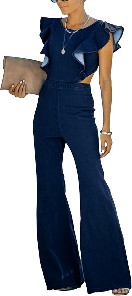 Omoone Women's Flared Denim Jumpsuit Ruffle Sleeve Backless Jeans Jumper Long Rompers | Amazon (US)
