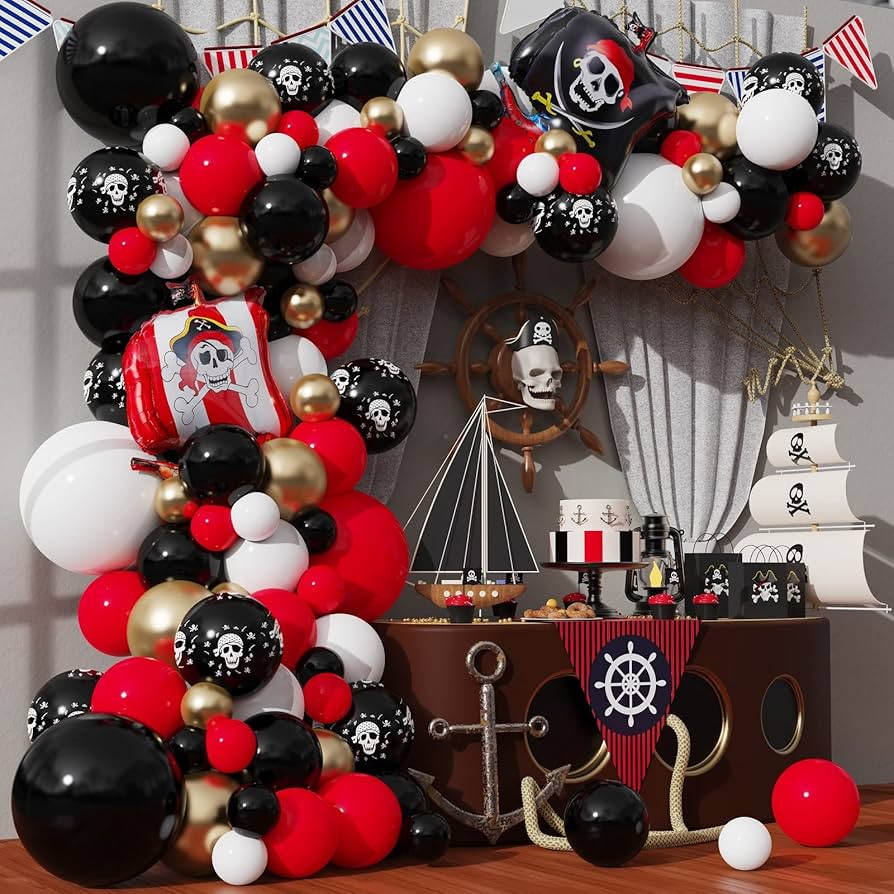 120pcs Pirate Balloon Garland Kit, Red Black White Skull Metallic Gold Balloons Arch for Pirate S... | Amazon (US)