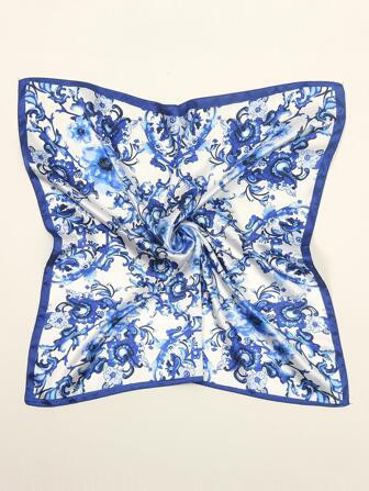 1pc Women's Fashionable 60s Satin Scarf With Blue Ink Plum Blossom Pattern, Versatile For Daily W... | SHEIN