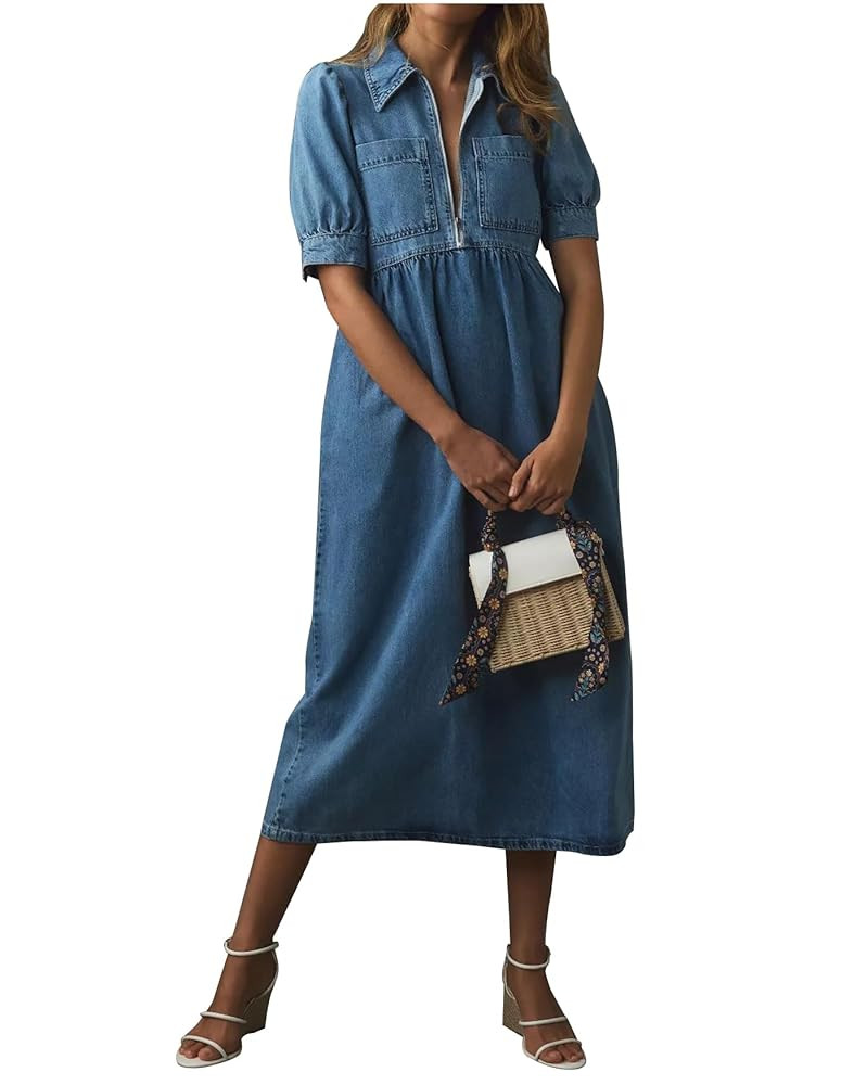 Women's V Neck A Line Denim Dress Short Sleeve Zipper Front Shift Long Jean Dress | Amazon (US)