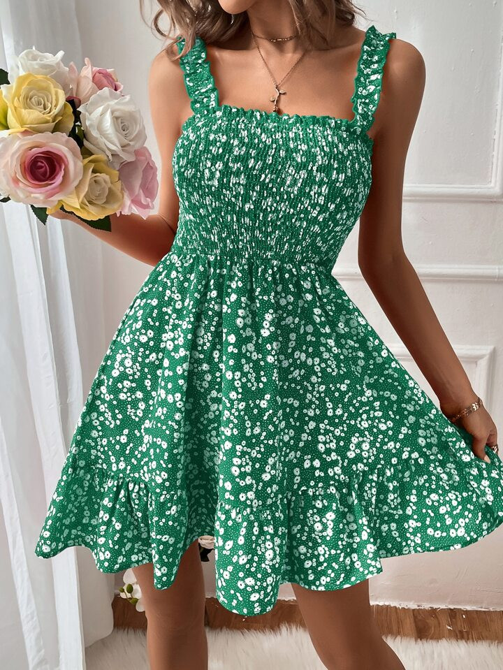 SHEIN VCAY Ditsy Floral Print Shirred Frill Trim Cami Dress | SHEIN