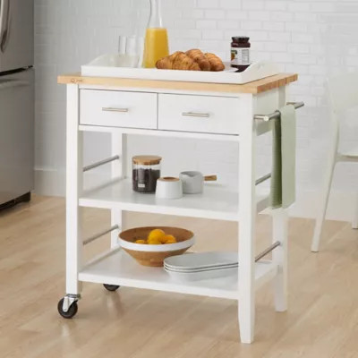 Trinity Wood Kitchen Cart with Drawers and Tray in White | Bed Bath & Beyond
