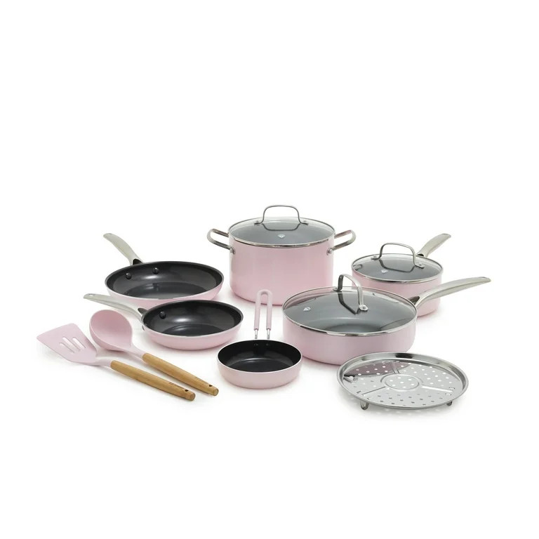 Blue Diamond Healthy Ceramic and Dishwasher Safe 12-Piece Pots and Pans Cookware Set, Pink | Walmart (US)