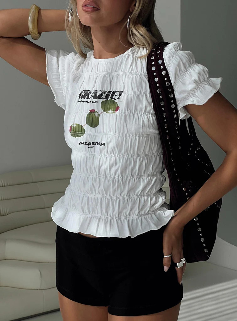 Grazie Mille Shirred Graphic Top White / Green | Princess Polly US