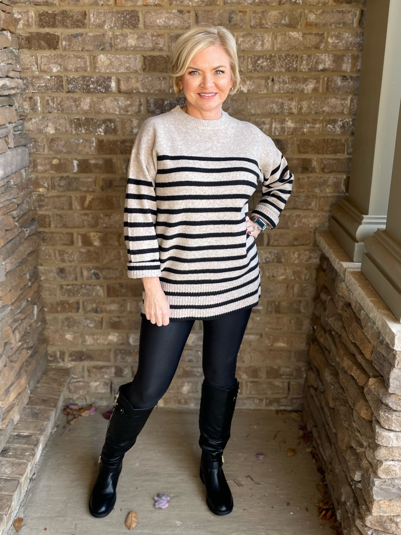 Wearing small sweater, petite medium leggings

Leggings outfit 
Winter outfit
Boots
Petite
Stripes 

#LTKMostLoved #LTKSeasonal #LTKfindsunder100