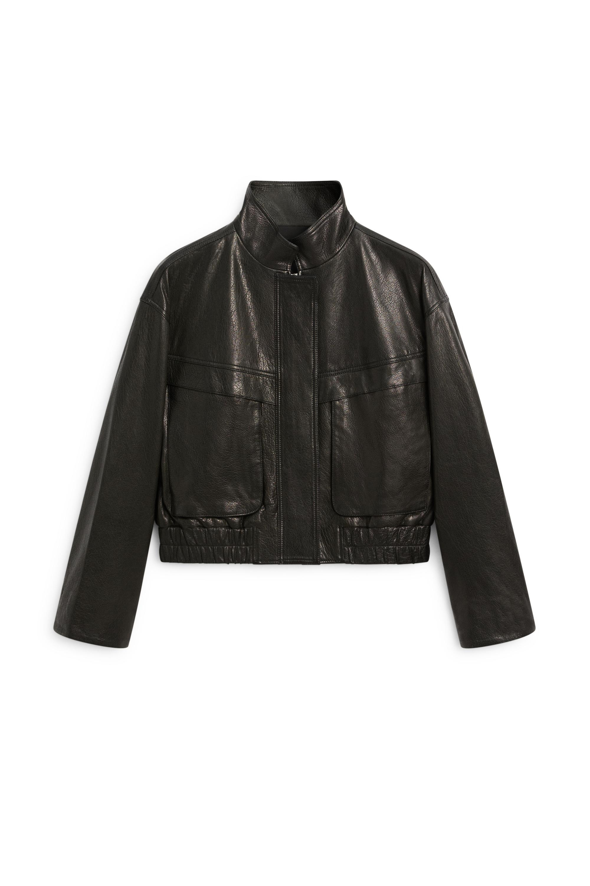 Cropped stand-collar nappa leather jacket - BLACK | Massimo Dutti US