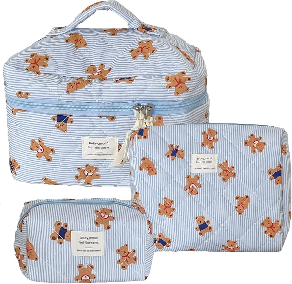 3PCS Quilted Make Up Bag Set Cute Cotton Make Up Pouch Blue Striped Bear Cosmetic Bag Set Large T... | Amazon (US)