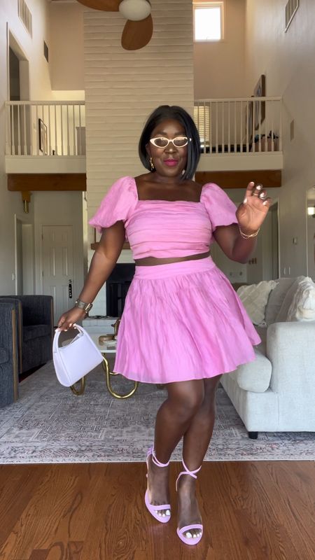 Cutest little pink two piece set from BuddyLove!! Styled it with Vince Camuto sandal heels, Target mini tote bag and Free People sunglasses!

#LTKVideo #LTKstyletip #LTKshoecrush