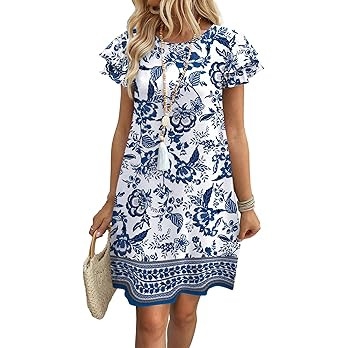 OFEEFAN Womens Summer Dresses 2026 Ruffle Sleeve Round Neck Loose Swing Sundresses with Pockets P... | Amazon (US)