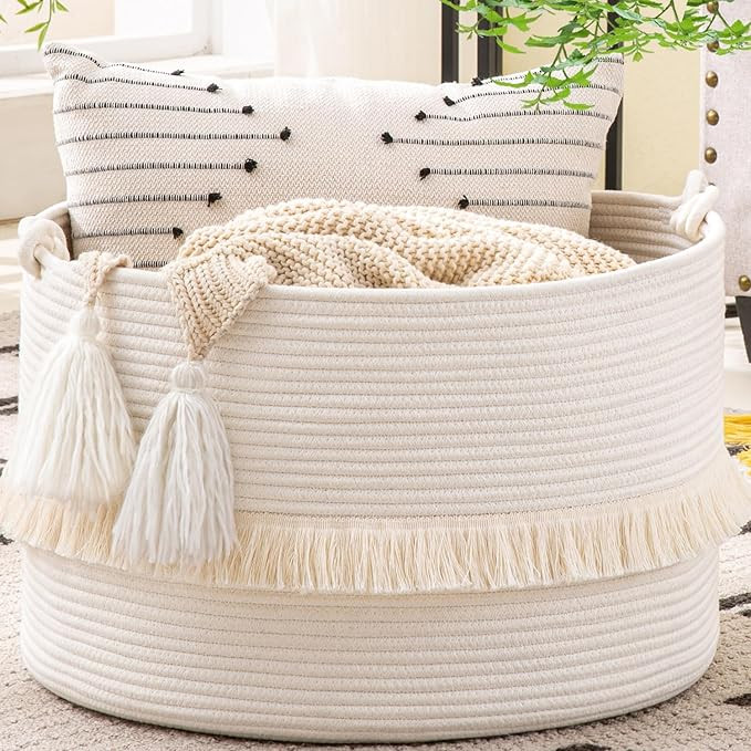 KAKAMAY Large Blanket Basket (20"x13"),Woven Baskets for storage Baby Laundry Hamper, Cotton Rope... | Amazon (US)