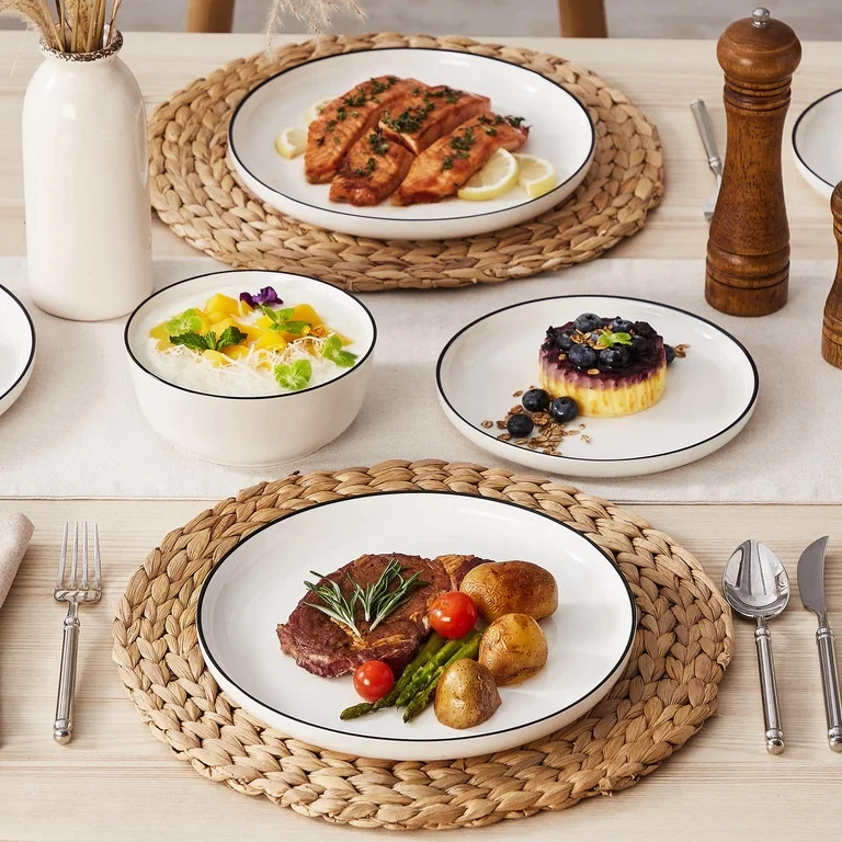 MALACASA Ceramic Dinnerware Set 12-Piece, Service for 4, Plates Bowls Set with Black Rim Microwav... | Walmart (US)