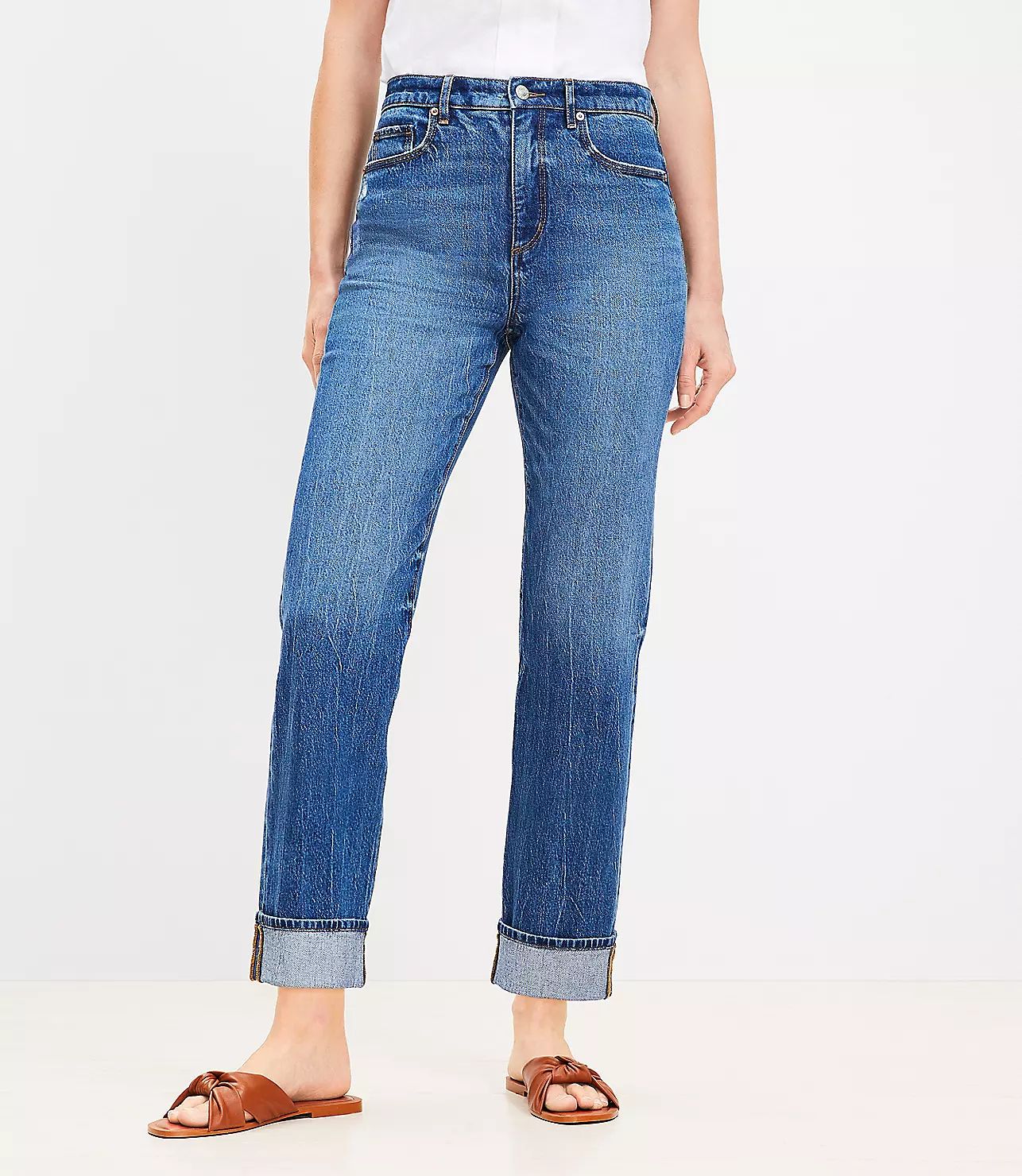 Cuffed High Rise Straight Jeans in Bright Mid Indigo Wash | LOFT