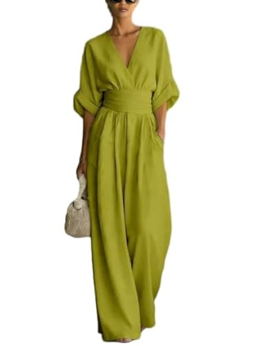 Amazon.com: Belamoda Womens Army Green Linen Blend Wide Leg Jumpsuit, V Neck High Waist One Piece... | Amazon (US)
