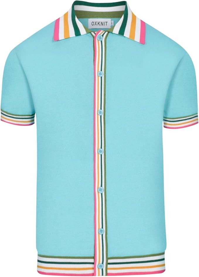 Men's Mint Green Knitted Polo Shirt, Retro Stripe Casual Poloshirt Summer Short Sleeve with Butto... | Amazon (US)
