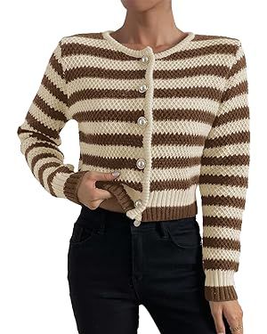 Verdusa Women's Button Front Striped Crop Cardigan Sweater Long Sleeve Knit Shrug | Amazon (US)