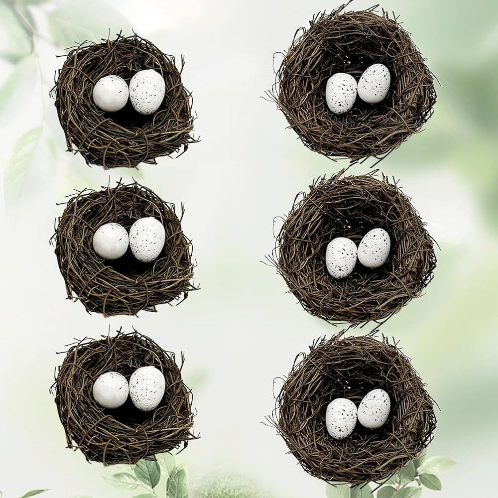 LWINGFLYER 6pcs Small Faux Bird Nest with Eggs for Crafts, Artificial Rattan Birds Nest for Easte... | Amazon (US)