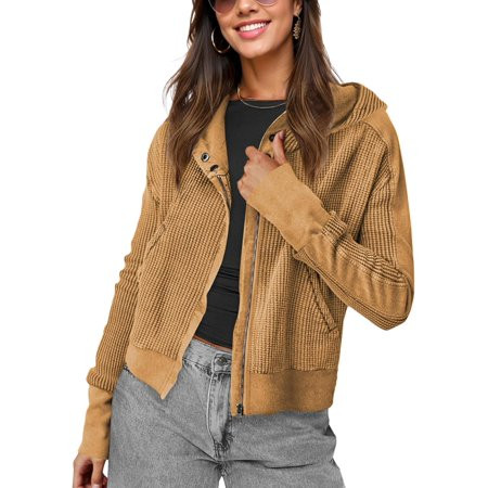 Womens Waffle Knit Zip Up Hoodies Long Sleeve Cropped Shirt Jacket Y2k Casual Shacket Tops with Pockets | Walmart (US)