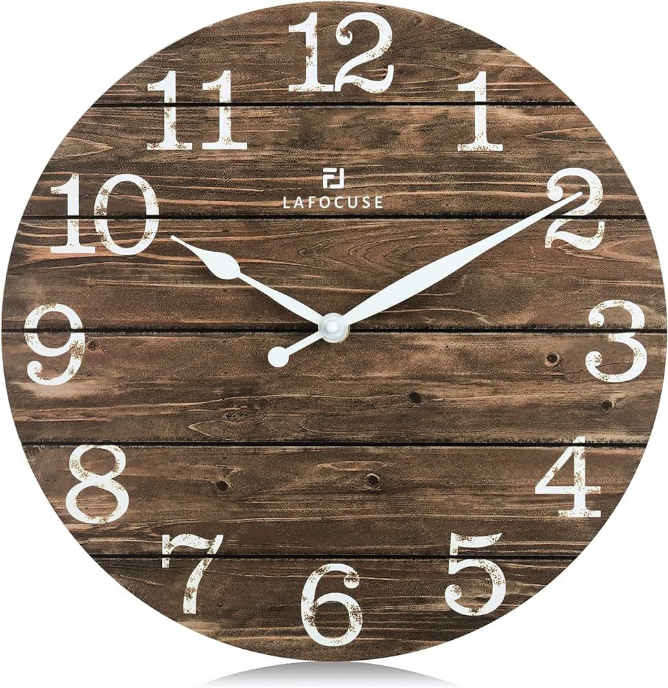 Lafocuse Silent 12 Inch Wooden Brown Wall Clock Farmhouse Style, Vintage Rustic Clocks for Walls,... | Amazon (US)
