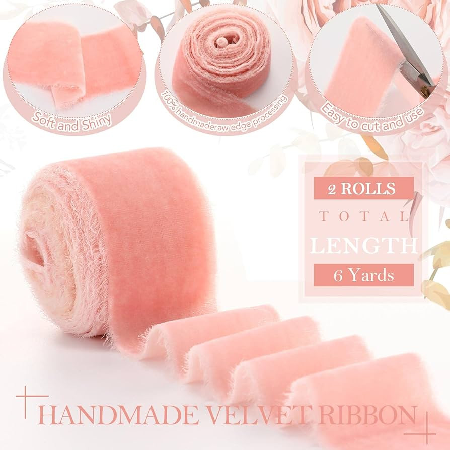 6 Yards Velvet Wrapping Ribbon, 2 Roll Wedding Silk Frayed Handmade Velvet Ribbon for Wrapping Wedding Bouquet Invitation Cards Handmade Crafts Bouquet Gift Wreaths Decor (Pink, 2 Inch) | Amazon (US)