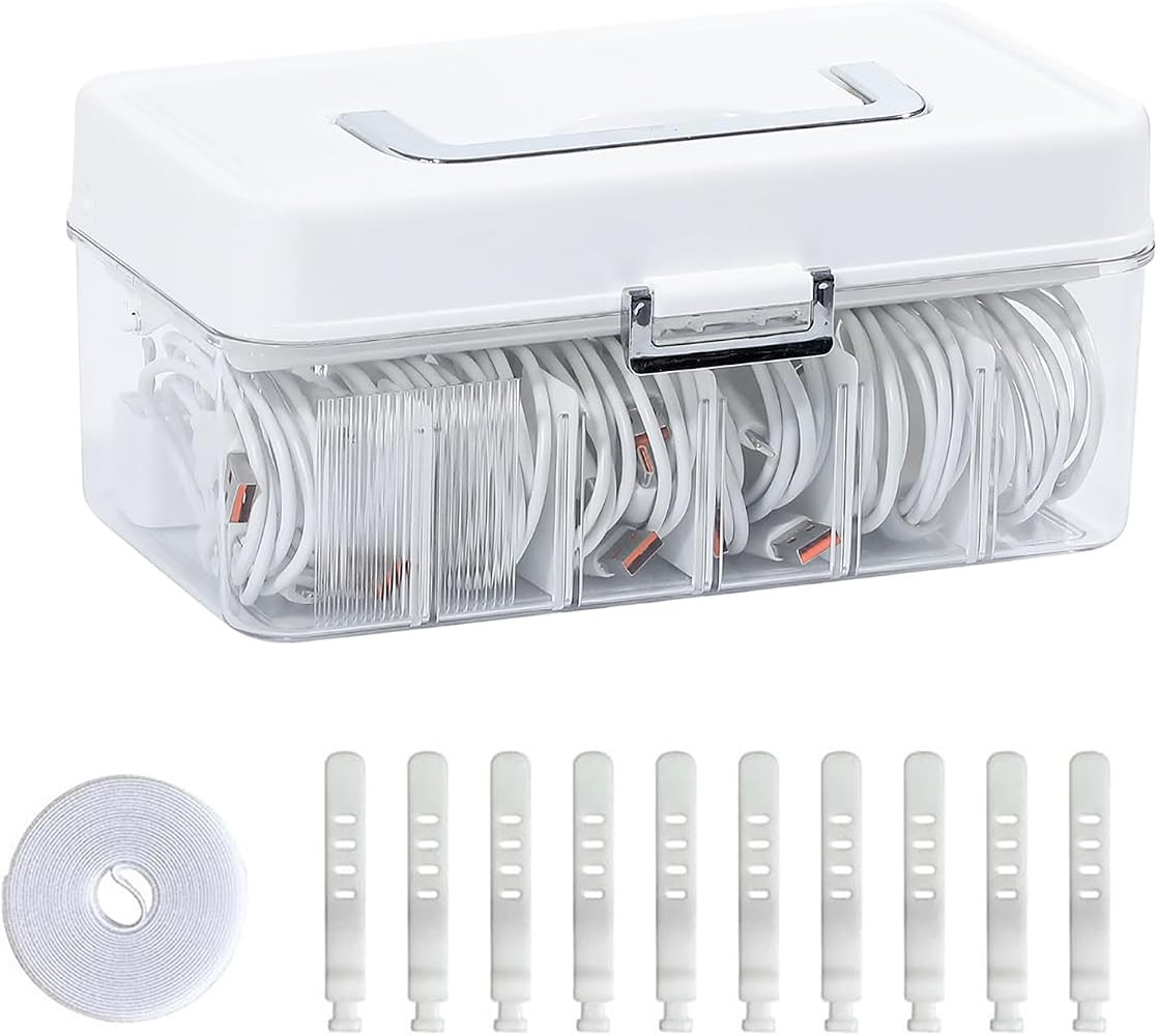 Large Cable Organizer Box with Lid and Wire Ties, Plastic | Amazon (US)