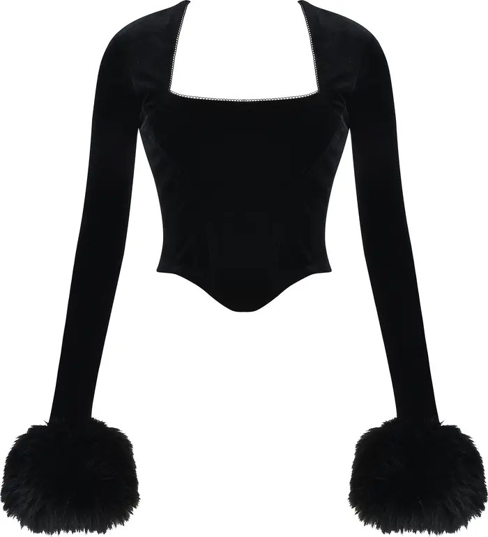 Catriona Faux Fur Long Sleeve Corset Top | Nordstrom