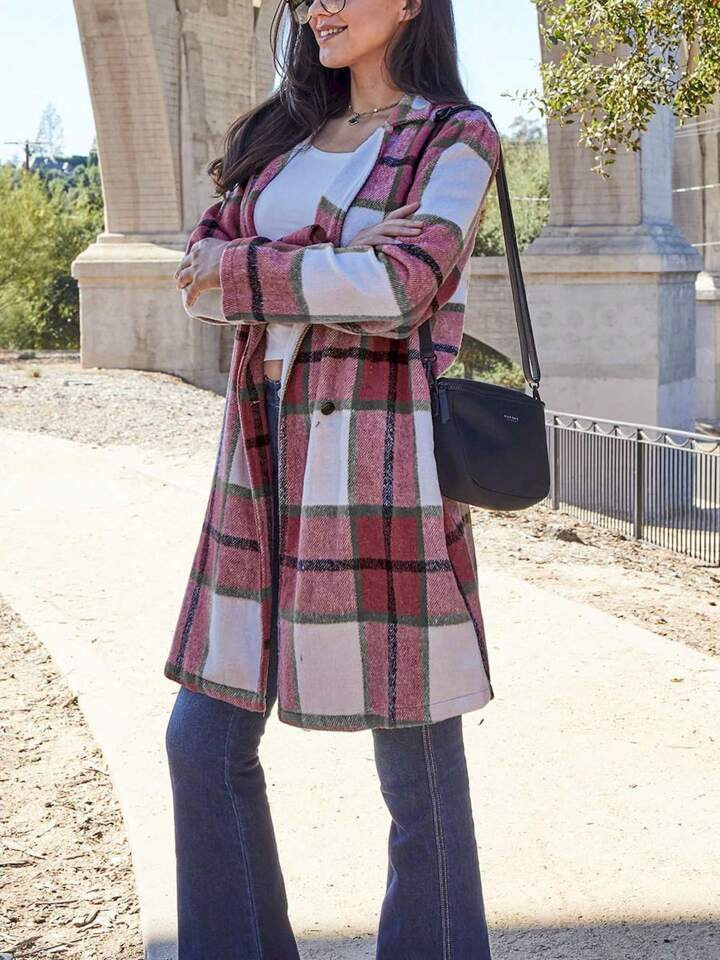 Women's Long Plaid Coat Button Up Jacket Stylish Double-Breasted Lapel Collar Full-Length Sleeves... | SHEIN