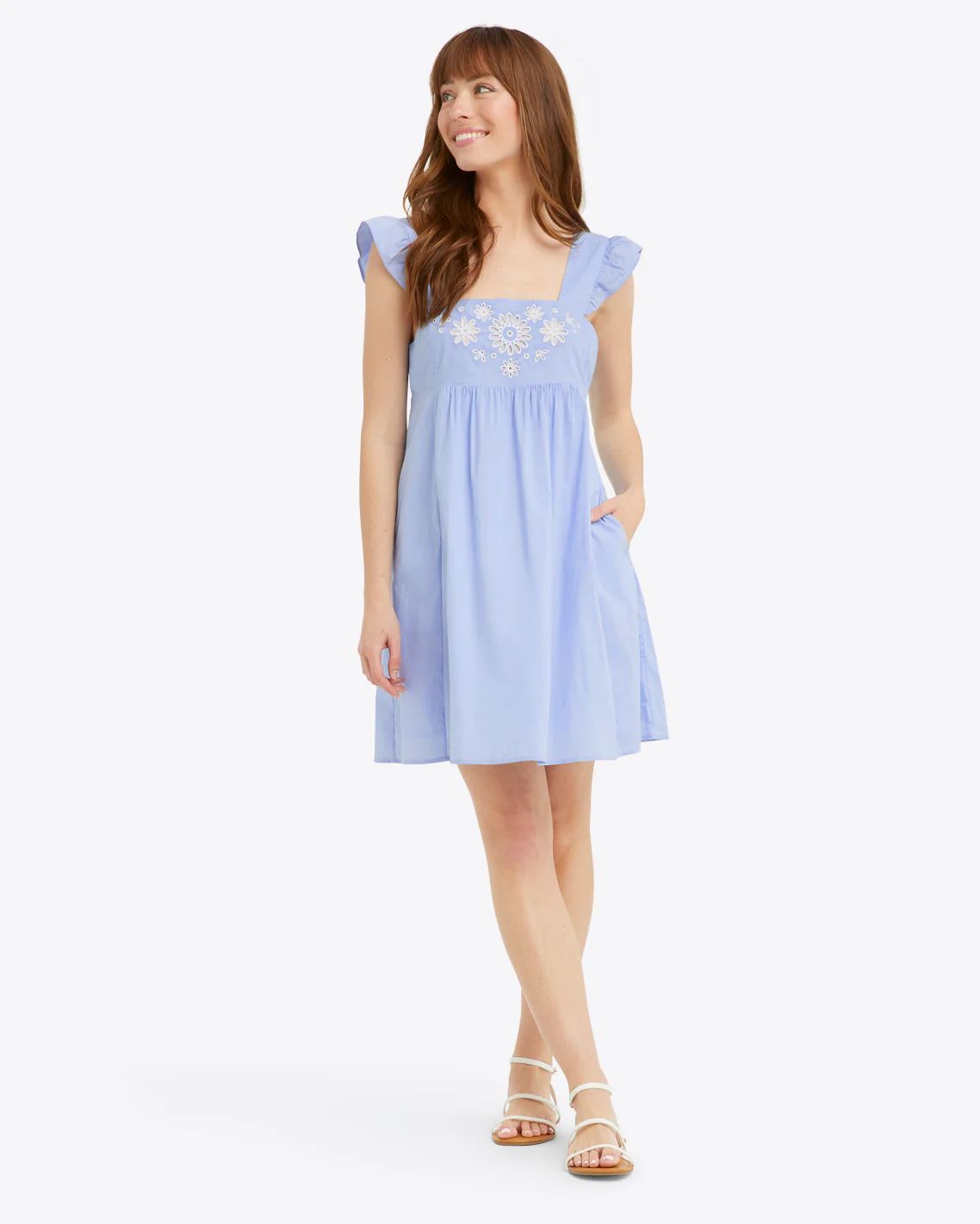 Maddie Embroidered Babydoll Dress in Blue Stripe | Draper James (US)