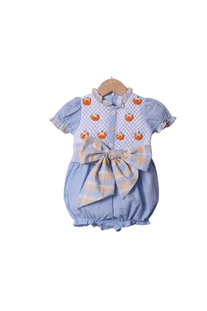 Smocked Blue Seersucker Gingham Bullion Bow Bubble | The Smocked Flamingo