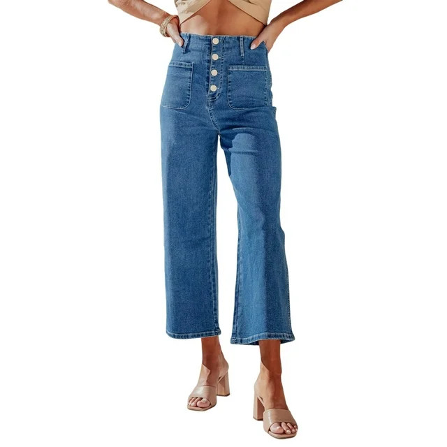 Gubotare Jeans for Women Trendy High Waisted Stretchy Straight Leg Jeans Buttoned Loose Denim Pan... | Walmart (US)