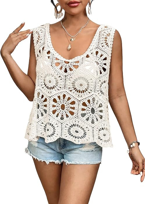 miduo Womens Boho Knit Crochet Top Scoop Tank Tops Beachwear Tops Shirts | Amazon (US)