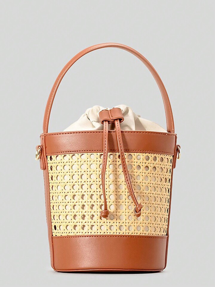 Fashion Hollow Bucket Bag Imation Wicker Woven Women Handbags Luxury Pu Leather Shoulder Crossbody Bags Summer Beach Bag 2025, Perfectly Matching With Vacation Outfits Women | SHEIN