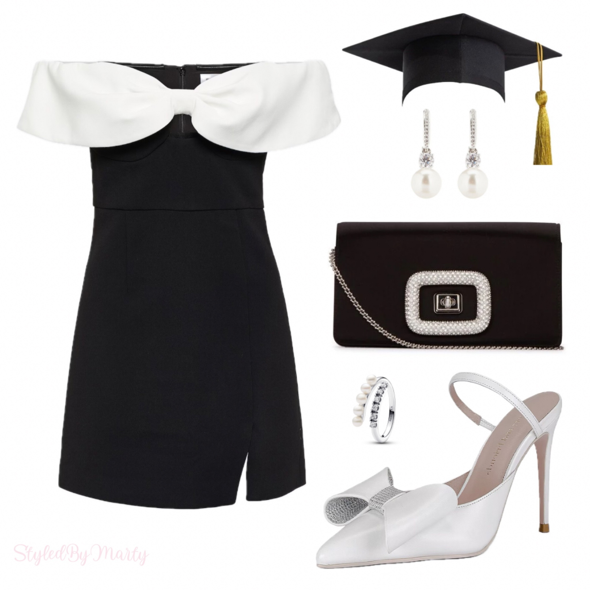 Graduation dress,graduation outfit, graduation party dress, party dress, black and white mini dress, bow mini dress, party outfit, white bow pumps, pearl and crystal drop earrings, elegant outfit 

#LTKParties #LTKShoeCrush #LTKStyleTip