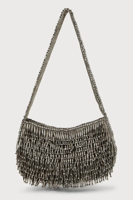 Noteworthy Essence Chrome Grey Beaded Fringe Shoulder Bag | Lulus (US)
