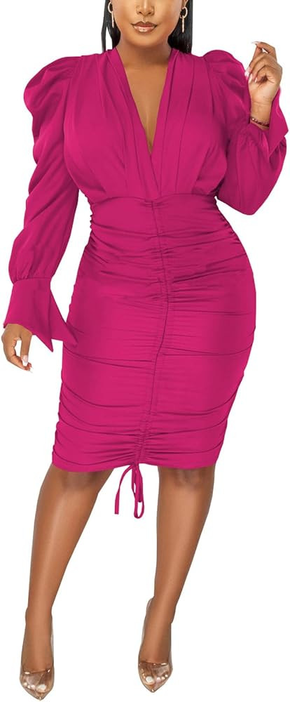 Women's Bodycon Ribbed Long Dresses Deep V Neck Long Sleeves Club Night Party Sweater Dress | Amazon (US)