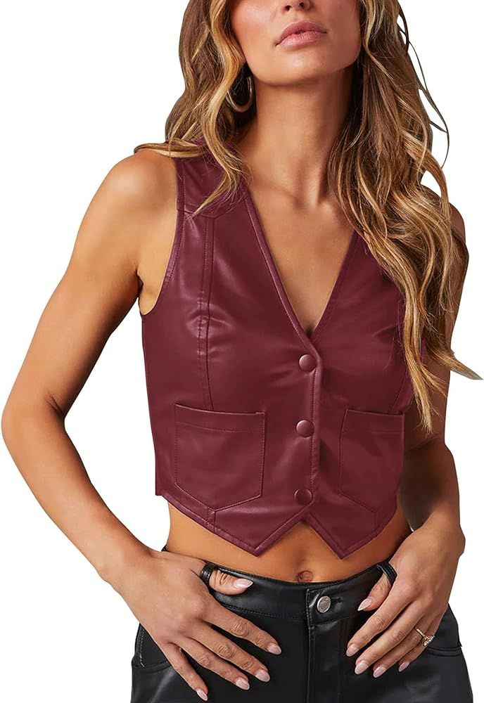 Fallorchid Women's Button Up Sleeveless Vest Crop Tops Sexy V Neck Faux Leather Jacket Waistcoat | Amazon (US)