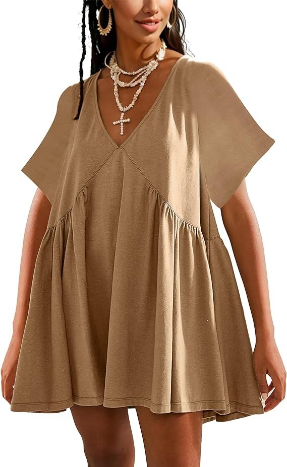 Women Summer Short Sleeve Mini Dress Casual Loose V Neck Flowy Sundress Vacation Tshirt Sun Dress... | Amazon (US)