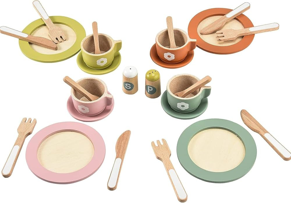 Giant bean 27PCS Wooden Toy Plates and Dishes for Kitchen Set, Wooden Play Kitchen Accessories fo... | Amazon (US)